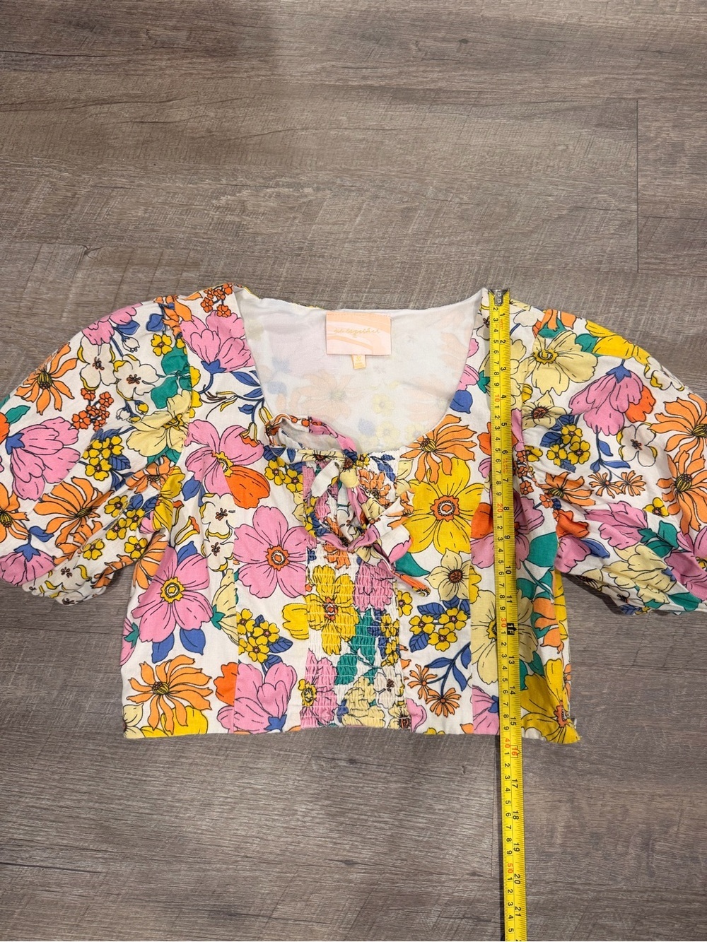 Us Together Floral Boho Crop Top 100% Cotton Puff Sleeve Cottagecore Hippie Sz L - Picture 7 of 9